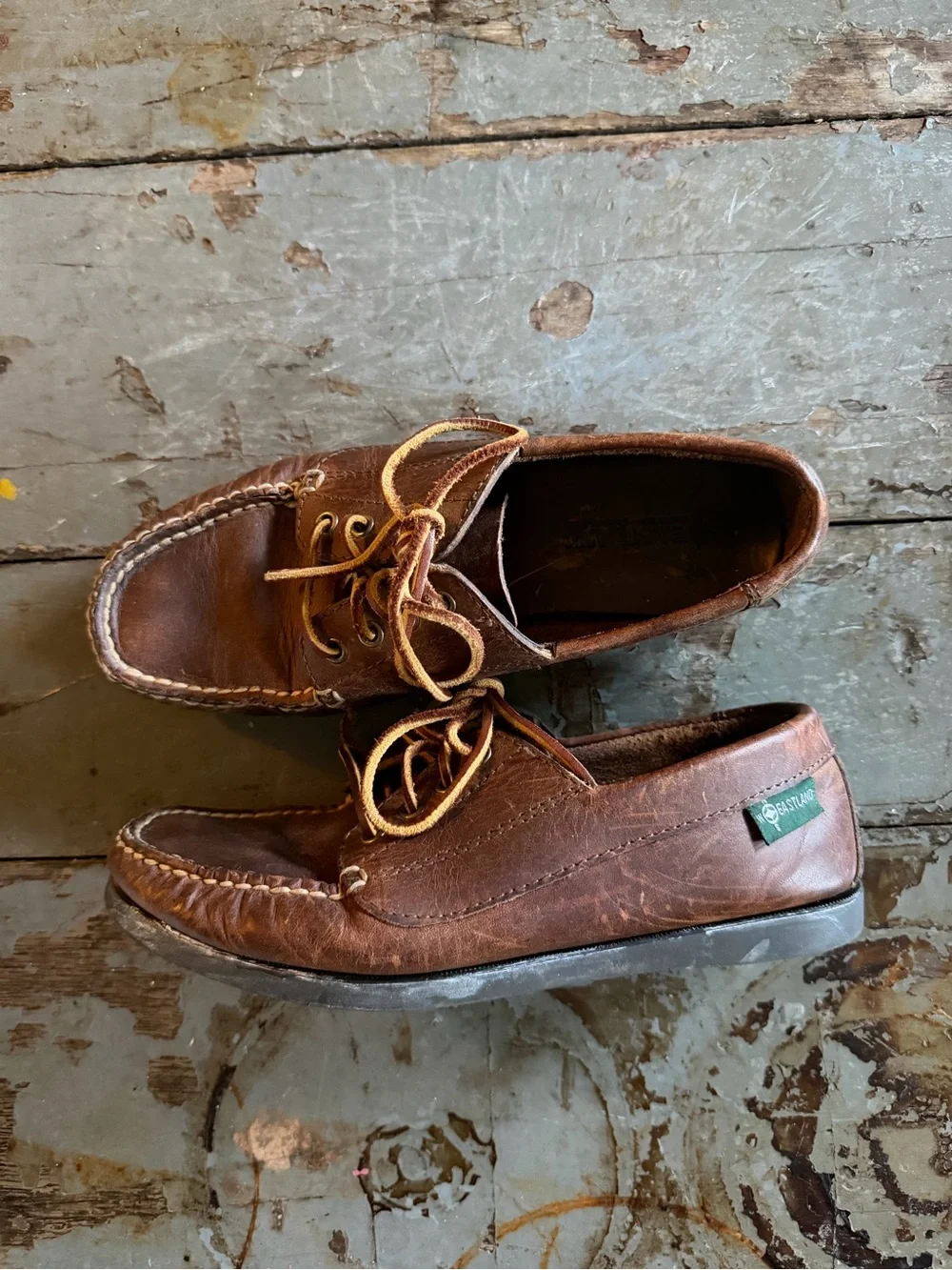 Eastland Women’s Brown Leather Falmouth Loafers with Tan Laces and Rubber Soles